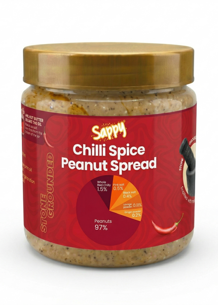 Jar of Sappy Chilli Spice Peanut Spread with a red label on a white background