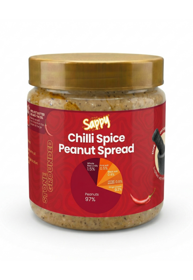 Jar of Sappy Chilli Spice Peanut Spread with a red label on a white background