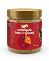Jar of Sappy Chilli Spice Peanut Spread with a red label on a white background