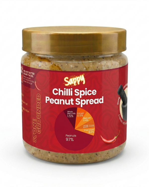 Jar of Sappy Chilli Spice Peanut Spread with a red label on a white background
