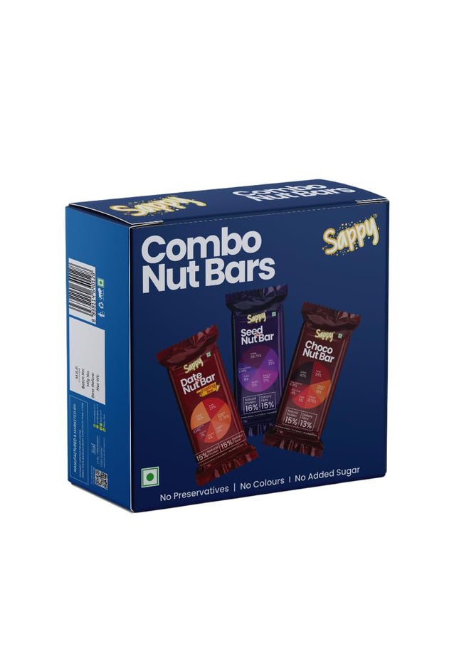 Box of Combo Nut Bars with Sappy branding on a white background