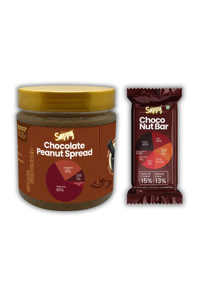 SAPPY Chocolate Peanut Butter (400g) + Choco Nut Energy Bar (50g) Combo