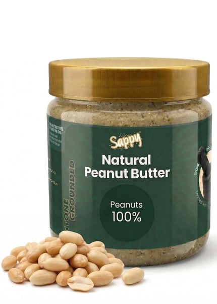 Jar of Sappy Natural Peanut Butter with peanuts on a white background