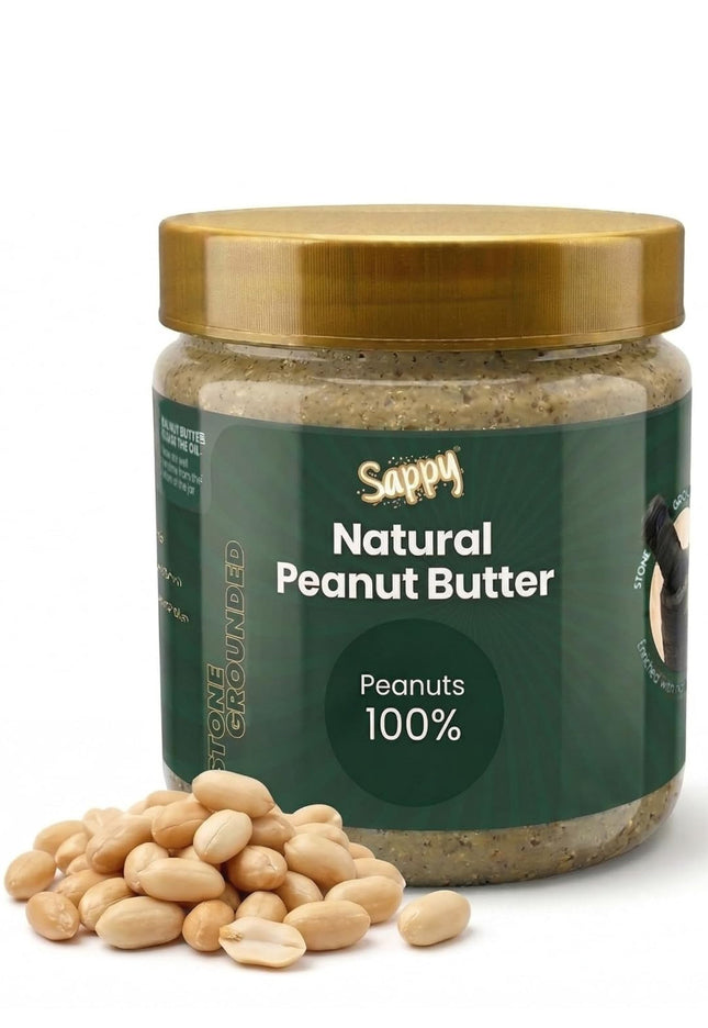 Jar of Sappy Natural Peanut Butter with peanuts on a white background