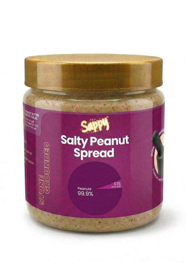 Jar of Salty Peanut Spread with a purple label on a white background