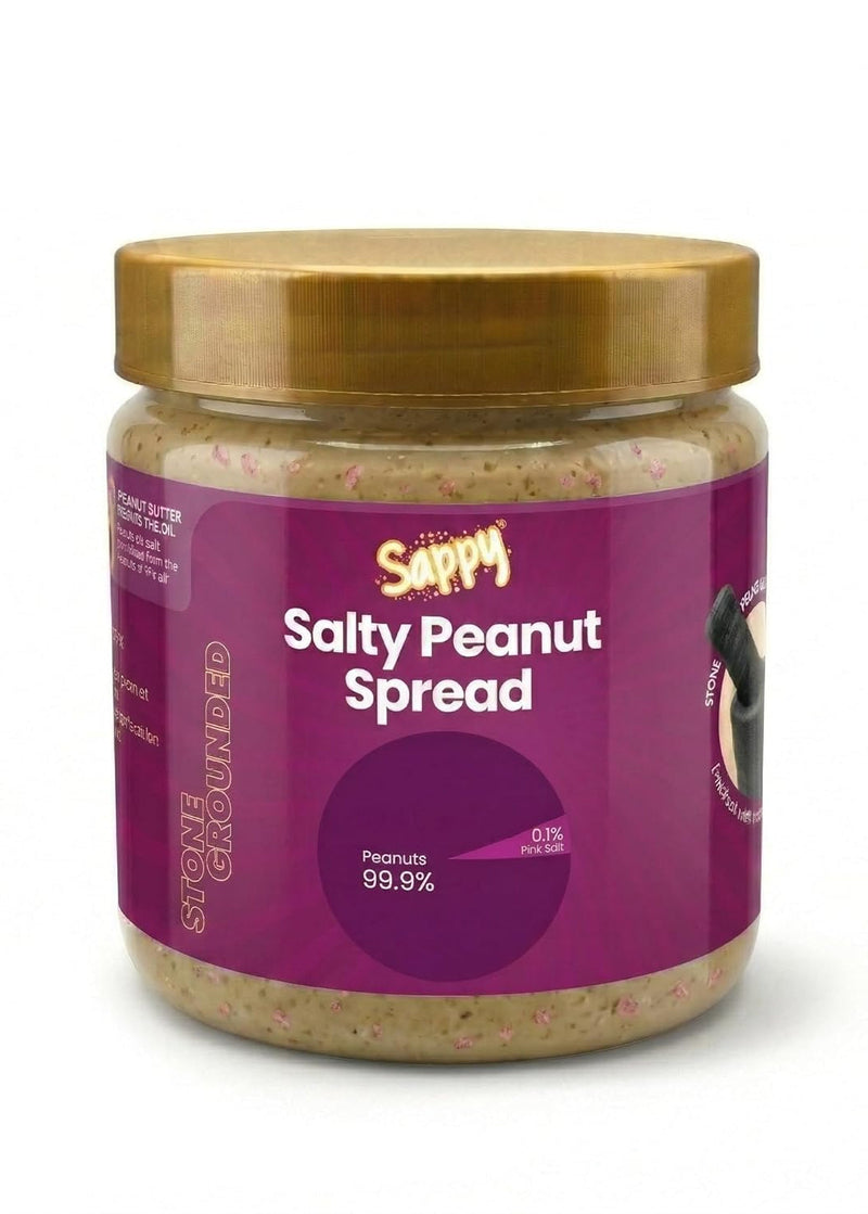 Jar of Salty Peanut Spread with a purple label on a white background