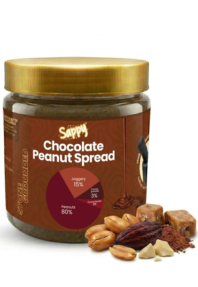 Jar of Sappy Chocolate Peanut Spread with ingredients on a white background