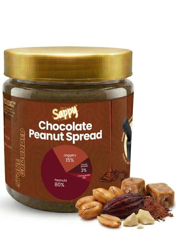 Jar of Sappy Chocolate Peanut Spread with ingredients on a white background