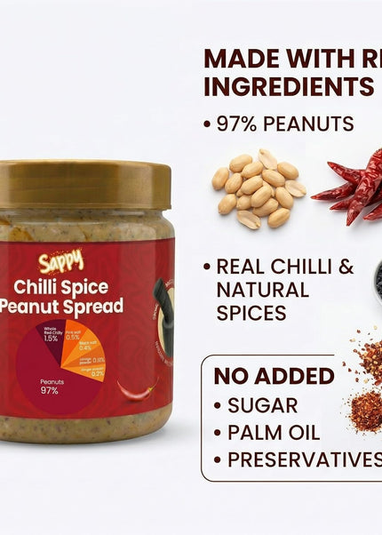 SAPPY Chilli Spice Peanut Spread (400g) – Stone Ground, Natural Texture | No Preservatives