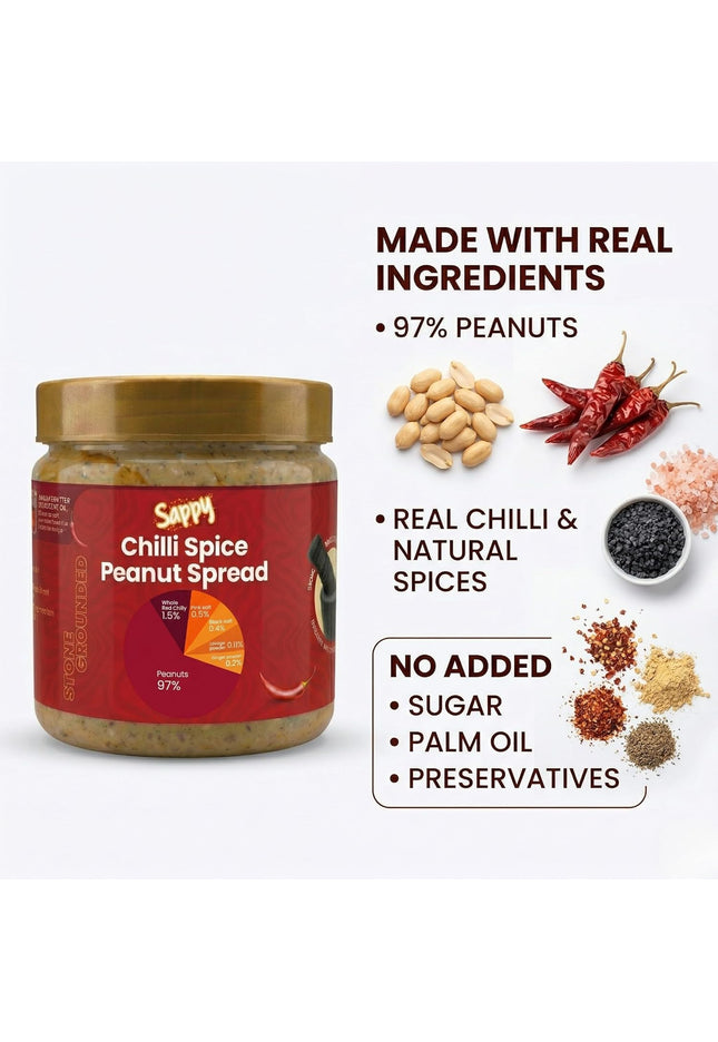 SAPPY Chilli Spice Peanut Spread (400g) – Stone Ground, Natural Texture | No Preservatives