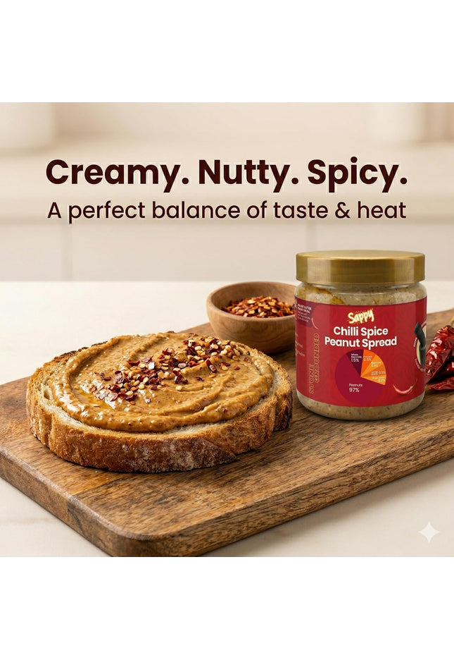 SAPPY Chilli Spice Peanut Spread (400g) – Stone Ground, Natural Texture | No Preservatives