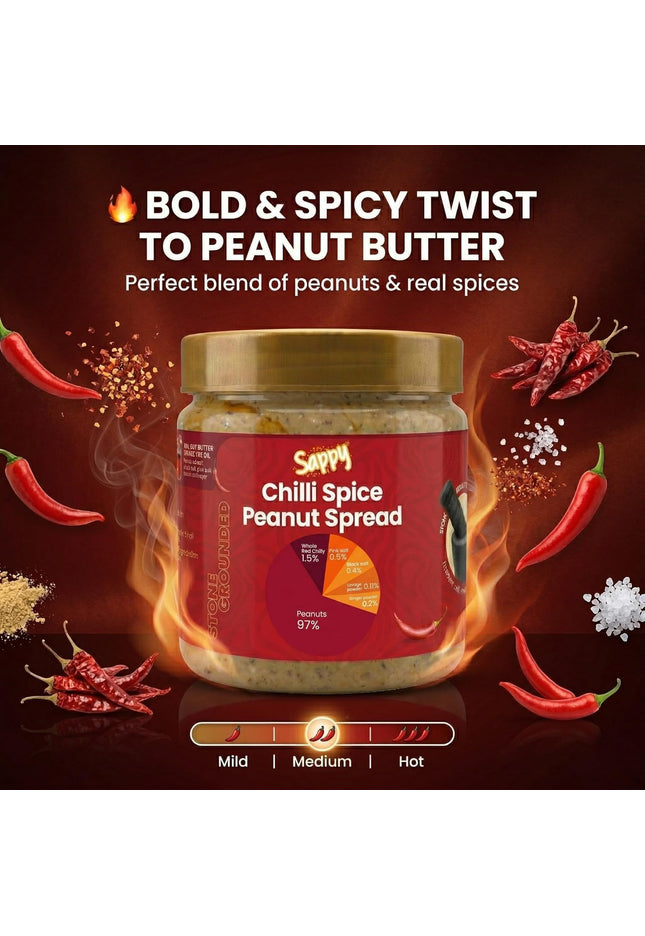 SAPPY Chilli Spice Peanut Spread (400g) – Stone Ground, Natural Texture | No Preservatives