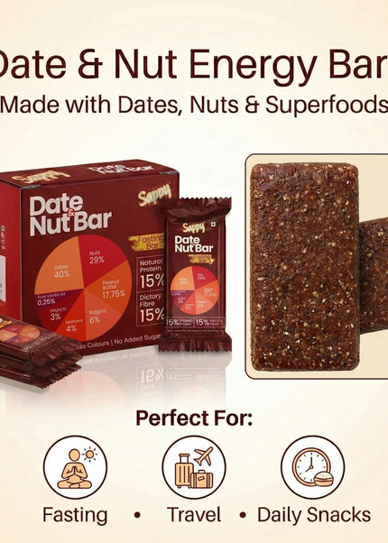 SAPPY Date & Nut Energy Bars (50g) – Made with Dates | Rich in Fiber & Protein | No Preservatives