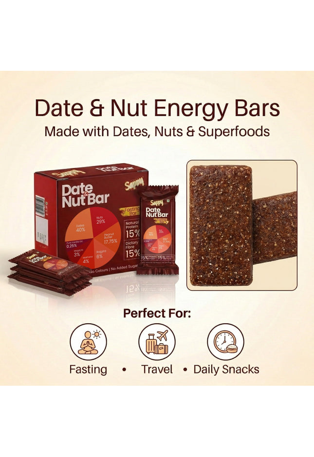 SAPPY Date & Nut Energy Bars (50g) – Made with Dates | Rich in Fiber & Protein | No Preservatives